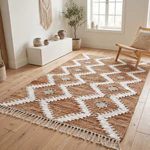 Alfombra Geométrica Chevron de Algodón, Tejido Plano, Ecológica, Rectangular, para Sala de Estar, con Flecos, de Pelo Corto, Lavable, Tipo Kilim - Product Image 5
