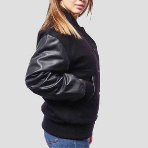 Women’s Custom Varsity Jacket With Leather Sleeves Classic Letterman Bomber Jacket Snap <b>Button</b> Closure Ribbed Collar & Cuffs - Product Image 6