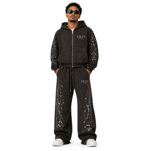 Conjunto de Sudadera con Capucha con Cremallera Y2K y Pantalones de Chándal de Pierna Ancha con Dobladillo sin Rematar, 100% Algodón, de Secado Rápido, con Lavado Ácido, Estampado de Estrella de Diamantes de Imitación y Logotipo Personalizado, Unisex - Product Image 1
