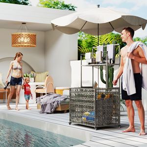 Wicker Pool Float Storage Organizer PE Rattan Pool Float Holder <b>Basket</b> <b>Shelf</b> with Towel Bars Rolling Pool Caddy for Floaties - Product Image 2