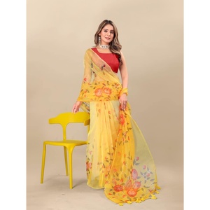 DISEÑADOR ORGANZA DIGITAL IMPRESO SAREE CON BLUSA DESCOSTADA AMARILLO - Product Image 1