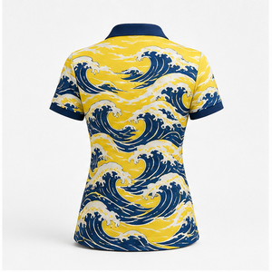 Polo à manches courtes pour femme avec logo personnalisé, motif vague océanique jaune et bleue, séchage rapide, sublimation, vêtements de sport de golf - Product Image 4