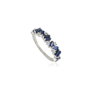 Anillo de Media Eternidad Zig Zag con Zafiro Azul y Diamantes, Diseño Único, Producto de Alta Calidad, Oro Blanco Sólido K14, Joyería Apilable - Product Image 3