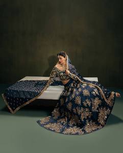 Blue Silk Zari Thread Sequence <b>Lehenga</b> Choli With Dupatta Floral Embroidered Wedding Outfit for <b>Women</b> - Product Image 3