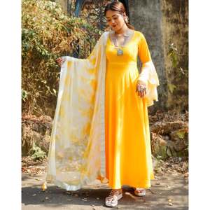 Conjunto de Traje de Satén de Algodón Amarillo Brillante para Mujer, Talla XS, Estilo DE MAISON, Verano, Corte Holgado, Diseño Étnico, Kurta, Dupatta, Fiesta Festiva - Product Image 6