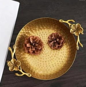 <b>Large</b> brass serving <b>tray</b> with flower handle hand-polished for wedding serving catering <b>tray</b> hot selling - Product Image 1