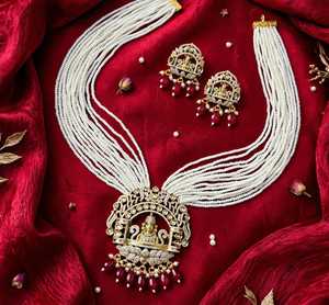 Conjunto de Collar con Colgante de Buda de Latón Chapado en Oro, Perlas de Imitación y Circonitas, para Mujer, Ideal para Fiestas, de la India (Rajasthan) - Product Image 6