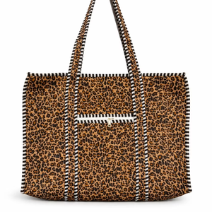 Bolso Tote Acolchado de Algodón Kantha con Estampado de Leopardo, Bolso de Compras Reversible Ecológico con Bolsillo con Cremallera - Product Image 1