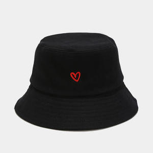 Unisex Black Bucket Hat With Red Heart Embroidery Casual Spring Summer Adult Canvas Cotton <b>Yarn</b> - Product Image 3