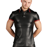 Camisa de Franela Negra de Manga Corta para Hombre, Estilo Motero, Cuello Alto, Formal, Verano, Color Sólido con Ribete Rojo y Cinturón en la Espalda