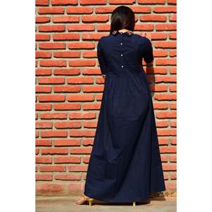 Vestido Maxi Azul Marino, Silueta Holgada con Bordado, Transpirable, Talla XS, para Ocasiones Diarias - Product Image 3