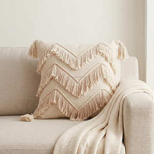Funda de cojín decorativa con diseño de chevron y borlas, estilo bohemio, texturizada, para sofá, 50 × 50 cm - Product Image 4
