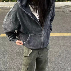 Sweat à capuche zippé vintage en molleton de coton épais 500 GSM, lavage enzymatique, délavé à l'acide, personnalisé, pour homme, style streetwear, OEM, économique, pour l'hiver - Product Image 3