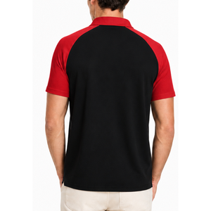Elegante Polo de Hombre con Bloques de Color, Cierre de Cremallera de Cuarto, Contraste Rojo y Negro, Manga Raglán, Camiseta Polo Ajustada con Cuello de Cremallera - Product Image 4