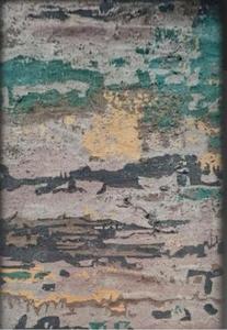 Alfombra Moderna Abstracta de Lana Antideslizante Hecha a Mano con Textura Pintada y Desgastada en Verde Azulado, Dorado y Carbón - Product Image 5