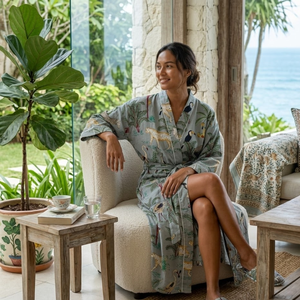 Kimono artisanal en coton gris jungle |   Robe de chambre à manches longues et col en V pour femme |   Robe longue de style chef-d'œuvre avec cordon de serrage - Product Image 3