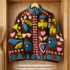 Chaqueta de terciopelo bordada a mano para mujer, estilo bohemio étnico, cuello alto, prenda exterior. - Product Image 4