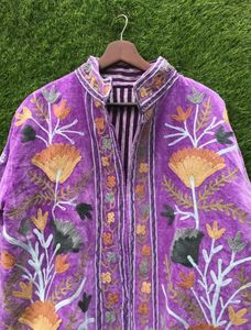 Purple Floral Embroidery Velvet <b>Kimono</b> <b>Cardigan</b> Long Sleeve Loose Fit Mandarin Collar Autumn Casual Beautiful Elegant Boho - Product Image 4