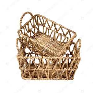 Water Hyacinth Vintage Style Open Lattice Storage <b>Basket</b> Set with Handles <b>Stackable</b> Eco-Friendly Multi-Purpose Rectangle Design - Product Image 3