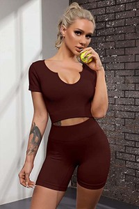 Conjunto Deportivo de 2 Piezas para Mujer, Top Corto de Manga Corta y Pantalones Cortos de Cintura Alta, Ajustados y Elásticos, para Gimnasio, Fitness y Yoga - Product Image 3