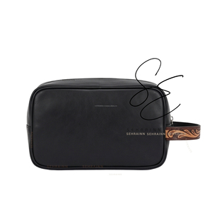 Tooled Leather Dopp Kit Cosmetic <b>Case</b> Medium Size Zipper Closure Portable <b>Makeup</b> Bag Soft Handle Modern Style Toiletry Pouch - Product Image 4