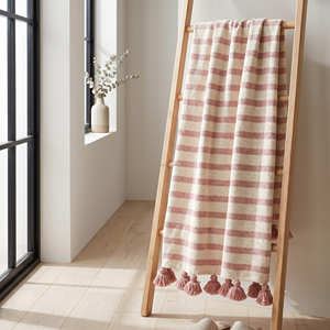 Neutral Checked Cotton Woven <b>Blanket</b> with Tassel Edge 130x170 cm for Scandinavian Farmhouse Living Room and Bedroom Décor - Product Image 2