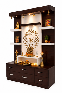 Glossy Finish Hand Carved <b>Mandir</b> For Pooja Room IkOnkar Design Modern Teak Wood Temple Sikh Religious Brown Wooden Pooja Cabinet - Product Image 3
