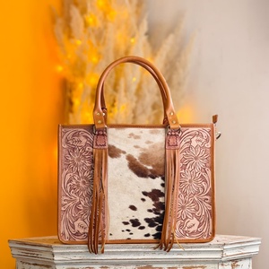 Western Genuine Leather Tote <b>Bag</b> With Cowhide Panel And Floral Embroidery Bohemian Style Daily Use - Product Image 2