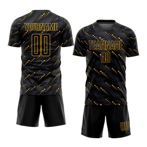 Conjunto de Camiseta y Pantalones Cortos de Fútbol Personalizados, Estampado Geométrico Negro y Amarillo, Sublimado, Absorbente de Humedad, Ropa Deportiva para Hombre, Kit de Entrenamiento de Equipo - Product Image 1
