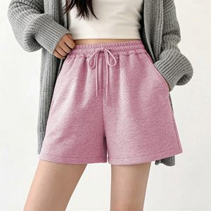 <b>Women's</b> <b>White</b> Solid Color Knitted Cotton <b>Shorts</b> High Waist Drawstring Elastic Casual Loose Fit With Pockets - Product Image 5