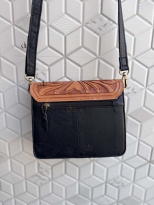 Hand Tooled Carving Leather Sling Bag <b>Small</b> Size Checkered Pattern Cross Body Handbag For Women Daily Use Shoulder Strap - Product Image 5