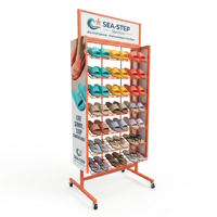 Présentoir moderne en métal sur roulettes pour tongs - Support de sol suspendu pour sandales, idéal pour les magasins de plage et la vente au détail