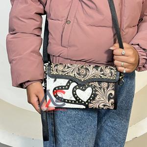 Vintage Western Style Hair On Hide Tooled Leather Shoulder Crossbody Mini <b>Bags</b> New Heart Design Artwork Clutches For Women's - Product Image 1