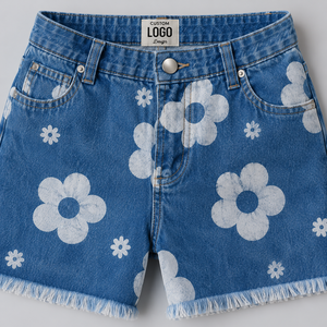 Shorts Bermuda en jean pour femme à taille haute, imprimé floral, avec ourlet effiloché, style décontracté - Product Image 3