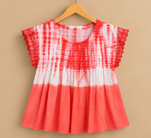 Blusa de Gasa Tie Dye para Mujer, Sin Mangas, Cuello Redondo, con Encaje, Estilo Casual, para Primavera/Verano, Corte Holgado, Estampado Rojo y Blanco - Product Image 2
