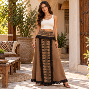 Brown Tribal Geometric Fringe Maxi <b>Skirt</b> Womens Bohemian Printed Tassel Floor Length <b>Wrap</b> <b>Skirt</b> | Ethnic Festival Resort Vacatio - Product Image 3