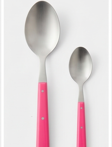 Juego de cubiertos modernos de acero inoxidable con mangos de plástico rosa, aptos para lavavajillas, para uso en fiestas y en el hogar. - Product Image 3
