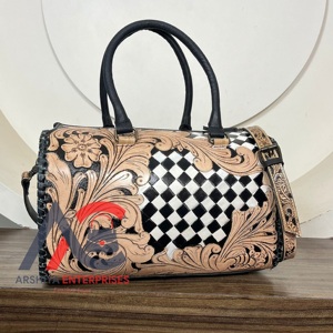 Latest Designer Pattern Handcrafted Genuine Cowhide Leather Speedy Bag Checkered Western Duffel Vintage Travel Bag for Women - Product Image 1
