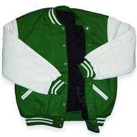 Jaket Varsity Unisex Hijau Lengan Putih Kerah Tegak Bernapas Tahan Angin Gaya Kasual Regular Fit Pakaian Musim Dingin Depan