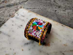 Hand Embroidered Hinged Cuff Bracelet <b>with</b> <b>Mirror</b> Work Colorful Bead Embellished Boho Ethnic Statement Jewelry - Product Image 3