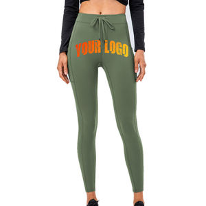 Leggings de yoga vert olive taille haute de haute qualité, longueur intégrale, extensibles dans quatre directions, avec cordon de serrage et logo imprimé - Product Image 1