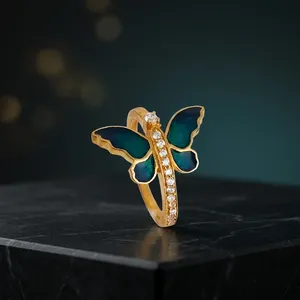 <b>Gold</b> Plated Butterfly <b>Ring</b> 925 Sterling Silver Blue Enamel Moissanite <b>Cocktail</b> <b>Ring</b> for Women Romantic Style - Product Image 4