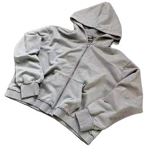 Sudadera con capucha pesada OEM con cremallera, personalizada, 100% algodón, forro polar, estilo urbano de invierno, ecológica, transpirable, con diseño de pedrería para hombre - Product Image 2