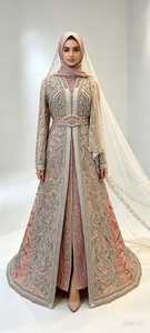 Fashionista Women Modest Floor-Length Blue <b>Gold</b> Paisley Pattern Embroidered V-Neck Long Sleeve A-Line Silhouette <b>Evening</b> <b>Dress</b> - Product Image 3