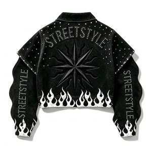 Y2K Rhinestone Flame Denim Solid Set Women Cropped Layered <b>Jacket</b> Wide Leg Jeans <b>Gothic</b> Cross Studded Black Vintage Streetwear - Product Image 5