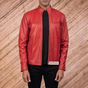 Venta al por mayor de chaquetas de cuero genuino para hombre estilo motorista rojo alto - Product Image 1