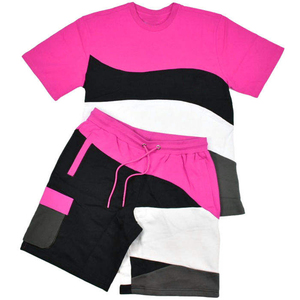 2026 Men Color Blocked Quick Dry T-Shirt and Drawstring Shorts Set Summer Casual Wear Blue Black Gray Two Piece Outfit - Product Image 3