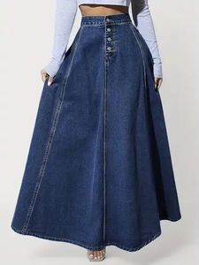 Jupe longue en jean taille haute pour femme, coupe trapèze, couleur unie, boutonnée sur le devant, décontractée, coupe ample, en tissu de coton délavé, style printemps - Product Image 2