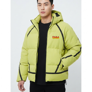Veste matelassée à capuche pour homme, vert lime, coupe-vent, fermeture éclair, manteau d'hiver décontracté, rembourrage épais en polyester avec passepoil noir - Product Image 1