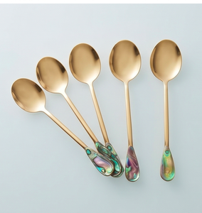 Cuillères à thé plaquées or avec manche en abalone, longue tige, finition miroir, design glamour, ustensiles en métal durables - Product Image 1
